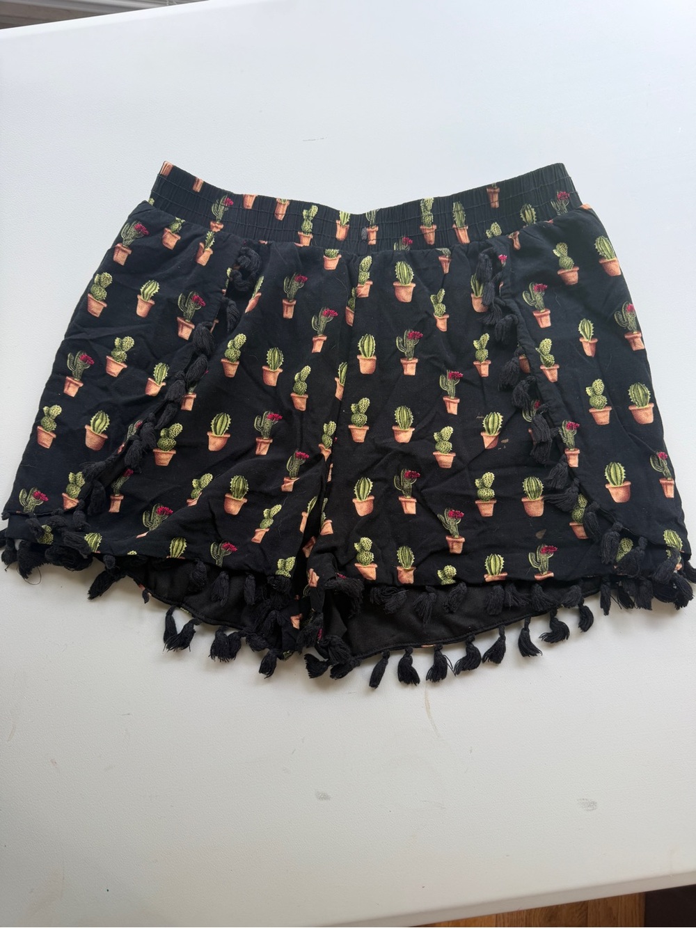 Umgee Boho Cactus Print Pom Pom Tassel Shorts - Black (Medium)